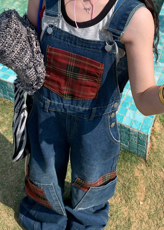 Casual Blue Pockets Patchwork Denim Overalls Jumpsuit Fall