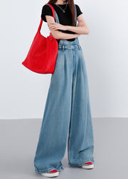 Casual Blue Pockets Patchwork Denim Wide Leg Jumpsuit Fall