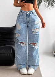 Casual Blue Pockets Patchwork Ripped Wide Leg Jeans