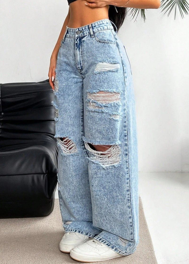 Casual Blue Pockets Patchwork Ripped Wide Leg Jeans