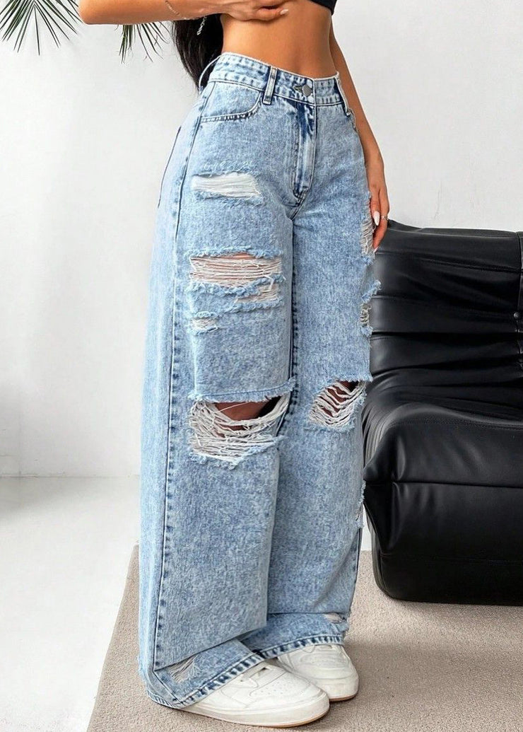 Casual Blue Pockets Patchwork Ripped Wide Leg Jeans