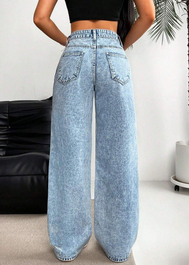 Casual Blue Pockets Patchwork Ripped Wide Leg Jeans