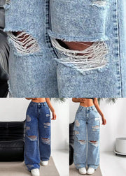 Casual Blue Pockets Patchwork Ripped Wide Leg Jeans