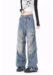 Casual Blue Pockets Wrinkled Denim Wide Leg Pants Spring
