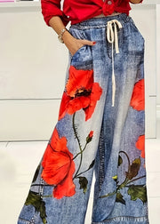 Casual Blue Print Elastic Waist Pockets Wide Leg Jeans Summer