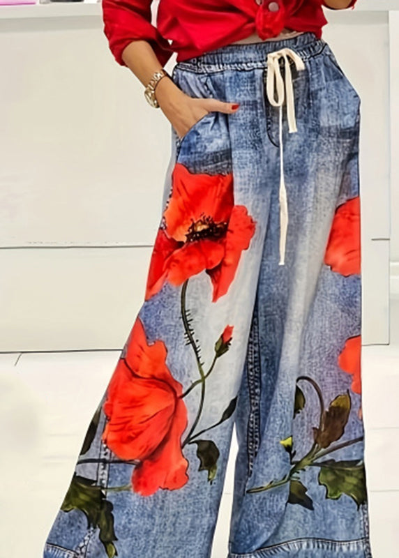 Casual Blue Print Elastic Waist Pockets Wide Leg Jeans Summer