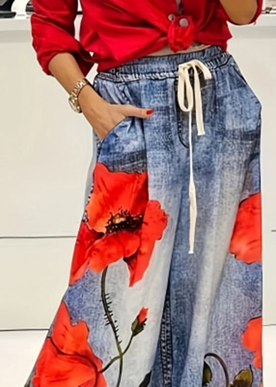 Casual Blue Print Elastic Waist Pockets Wide Leg Jeans Summer