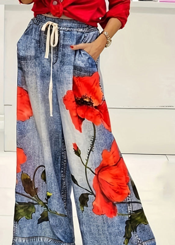 Casual Blue Print Elastic Waist Pockets Wide Leg Jeans Summer