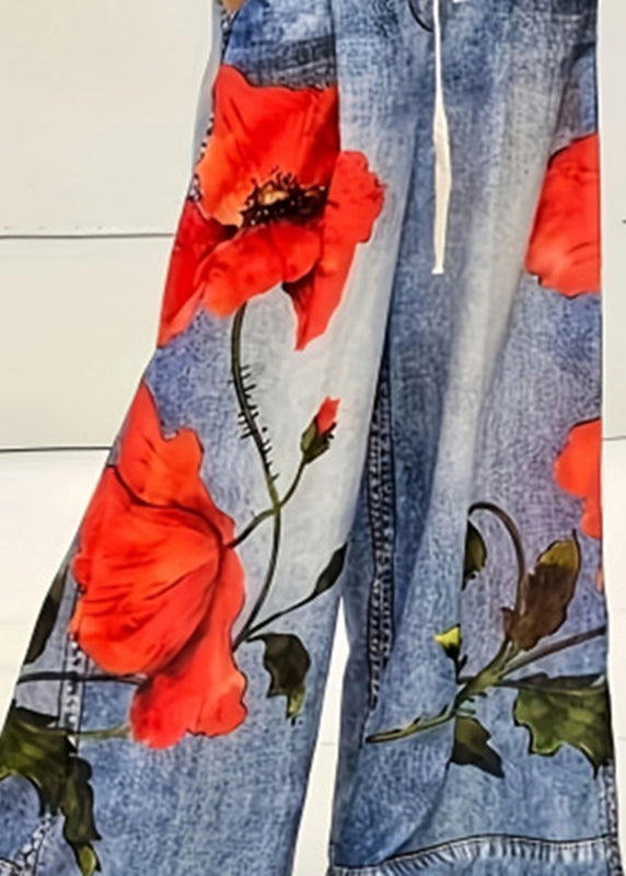 Casual Blue Print Elastic Waist Pockets Wide Leg Jeans Summer
