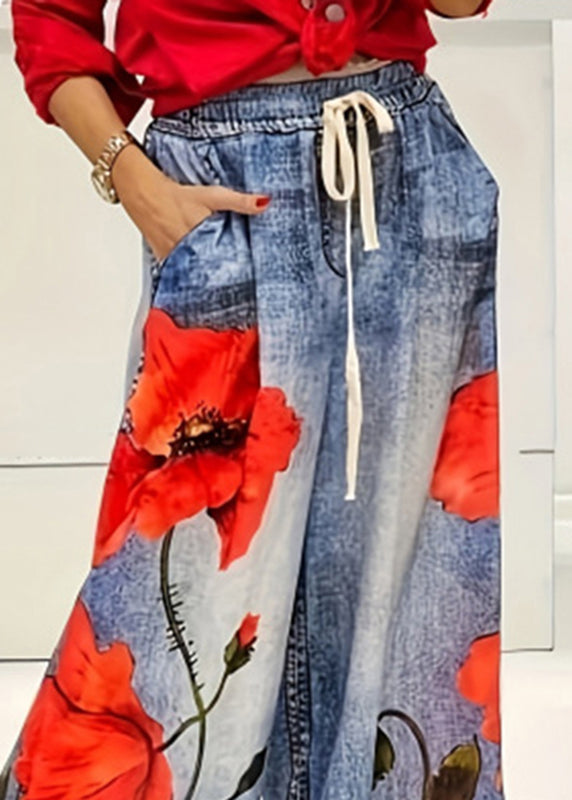 Casual Blue Print Elastic Waist Pockets Wide Leg Jeans Summer