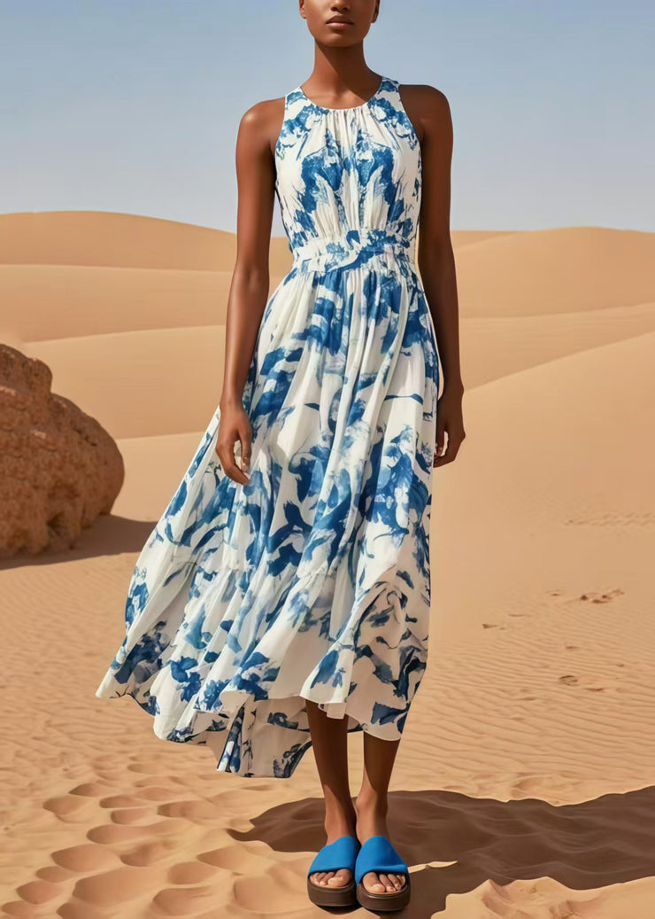 Casual Blue Print Exra Large Hem Cotton Beach Dress Sleeveless