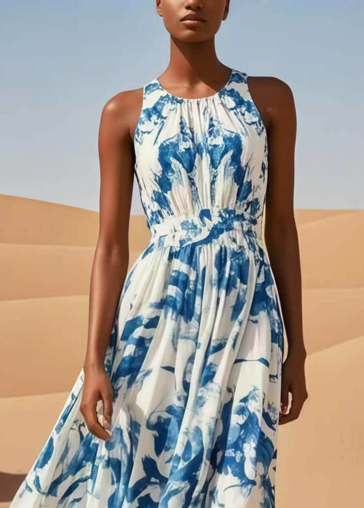 Casual Blue Print Exra Large Hem Cotton Beach Dress Sleeveless