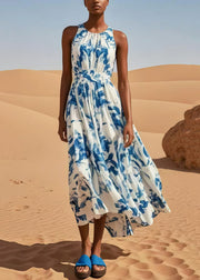 Casual Blue Print Exra Large Hem Cotton Beach Dress Sleeveless