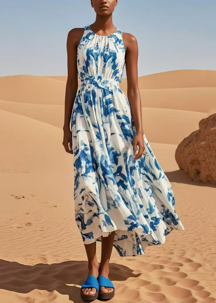 Casual Blue Print Exra Large Hem Cotton Beach Dress Sleeveless