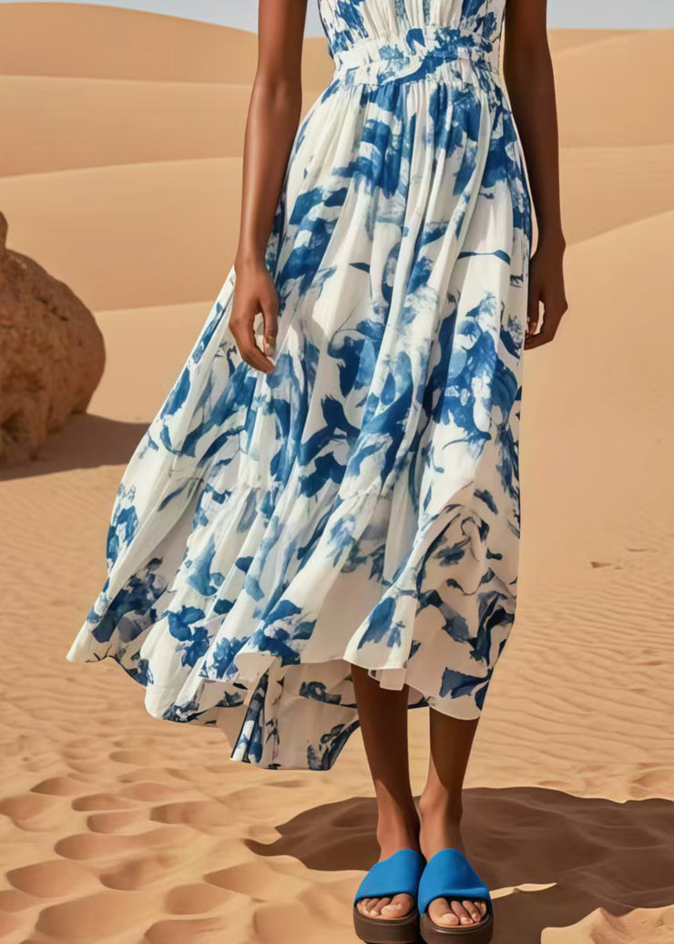 Casual Blue Print Exra Large Hem Cotton Beach Dress Sleeveless
