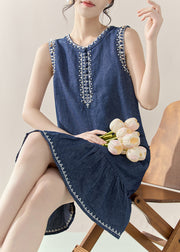 Casual Blue Print Patchwork Denim Mid Dresses Sleeveless