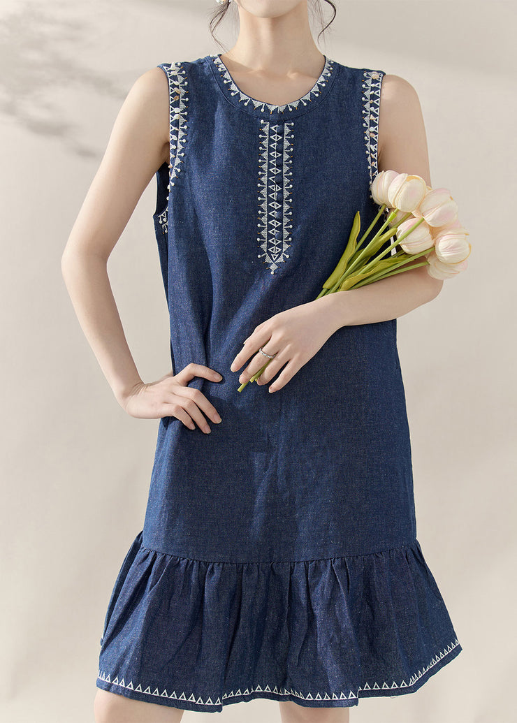 Casual Blue Print Patchwork Denim Mid Dresses Sleeveless