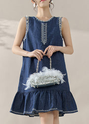 Casual Blue Print Patchwork Denim Mid Dresses Sleeveless