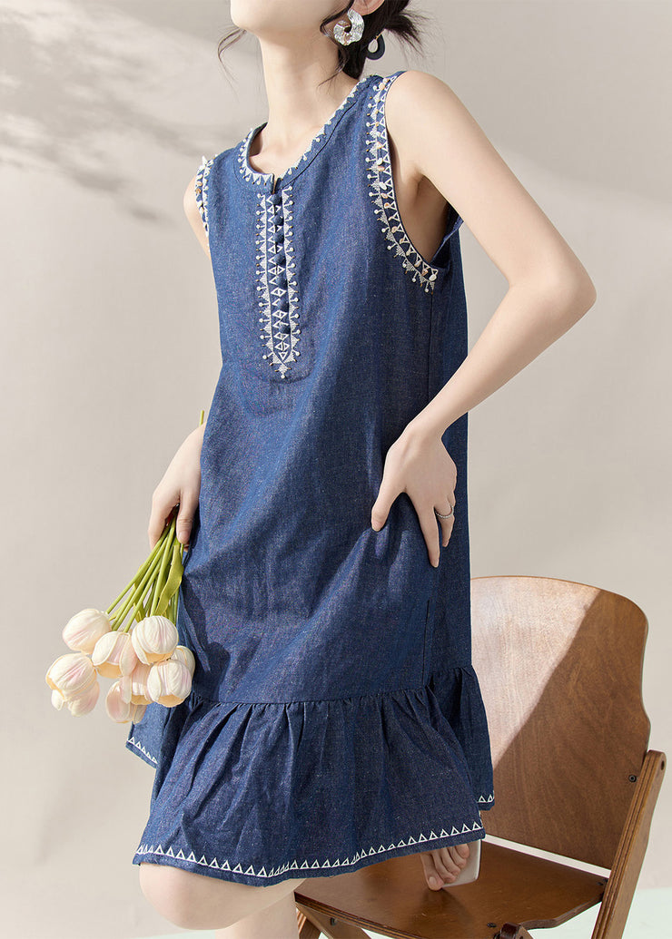Casual Blue Print Patchwork Denim Mid Dresses Sleeveless