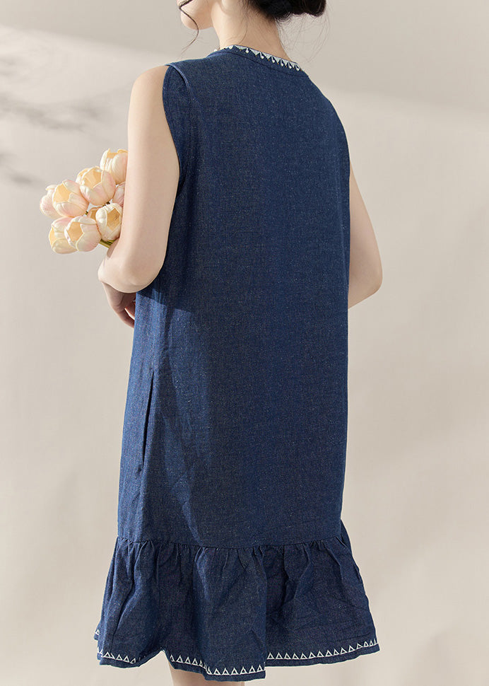 Casual Blue Print Patchwork Denim Mid Dresses Sleeveless