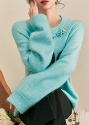 Casual Blue Print Patchwork Thick Cotton Knit Sweater Long Sleeve