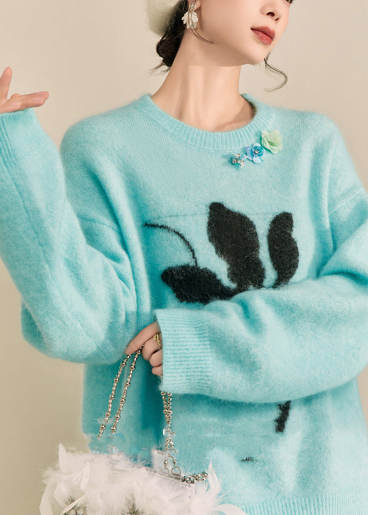 Casual Blue Print Patchwork Thick Cotton Knit Sweater Long Sleeve