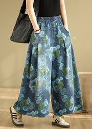 Casual Blue Print Pockets Denim Drop Wide Leg Pants