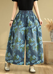 Casual Blue Print Pockets Denim Drop Wide Leg Pants