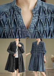 Casual Blue Stand Collar Button Long Dress Lantern Sleeve
