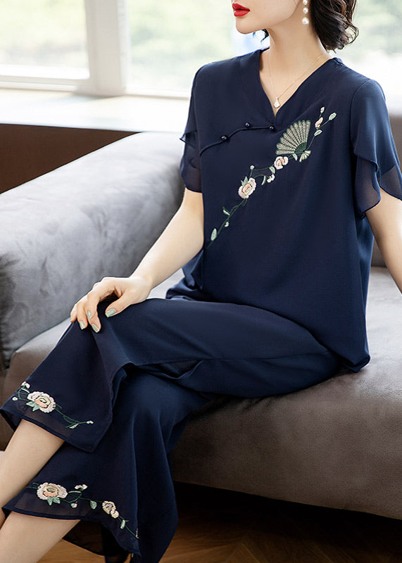 Casual Blue V Neck Embroidered Chiffon Top And Crop Pants Two-Piece Set Summer