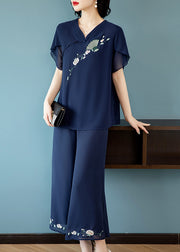 Casual Blue V Neck Embroidered Chiffon Top And Crop Pants Two-Piece Set Summer