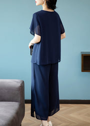 Casual Blue V Neck Embroidered Chiffon Top And Crop Pants Two-Piece Set Summer