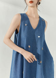 Casual Blue V Neck Holiday Denim Mid Dress Summer