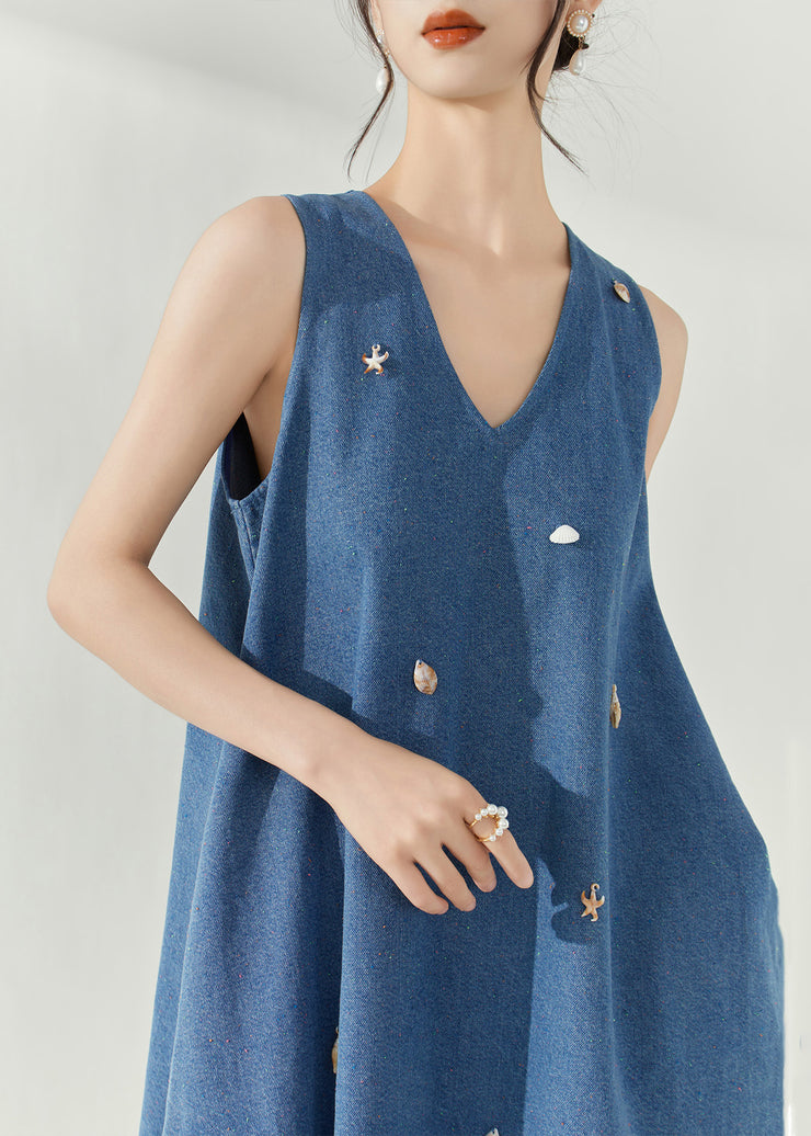 Casual Blue V Neck Holiday Denim Mid Dress Summer
