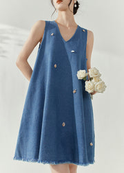 Casual Blue V Neck Holiday Denim Mid Dress Summer
