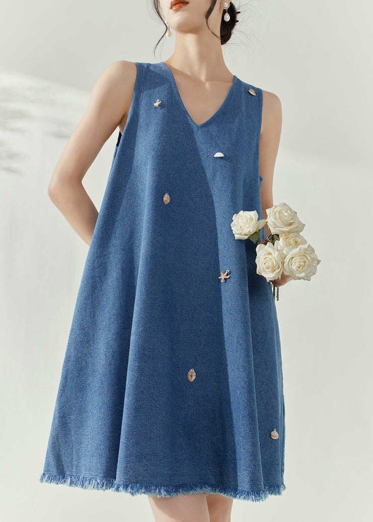 Casual Blue V Neck Holiday Denim Mid Dress Summer