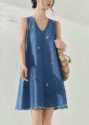 Casual Blue V Neck Holiday Denim Mid Dress Summer