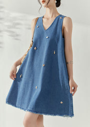 Casual Blue V Neck Holiday Denim Mid Dress Summer