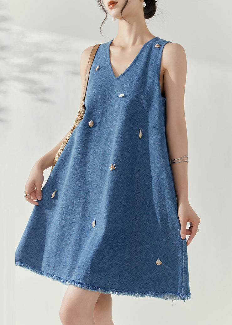 Casual Blue V Neck Holiday Denim Mid Dress Summer