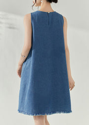 Casual Blue V Neck Holiday Denim Mid Dress Summer