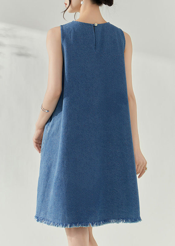 Casual Blue V Neck Holiday Denim Mid Dress Summer