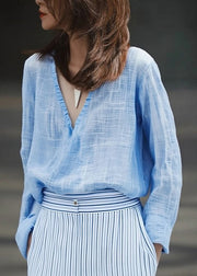 Casual Blue V Neck Solid Shirt Fall