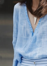 Casual Blue V Neck Solid Shirt Fall