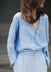 Casual Blue V Neck Solid Shirt Fall