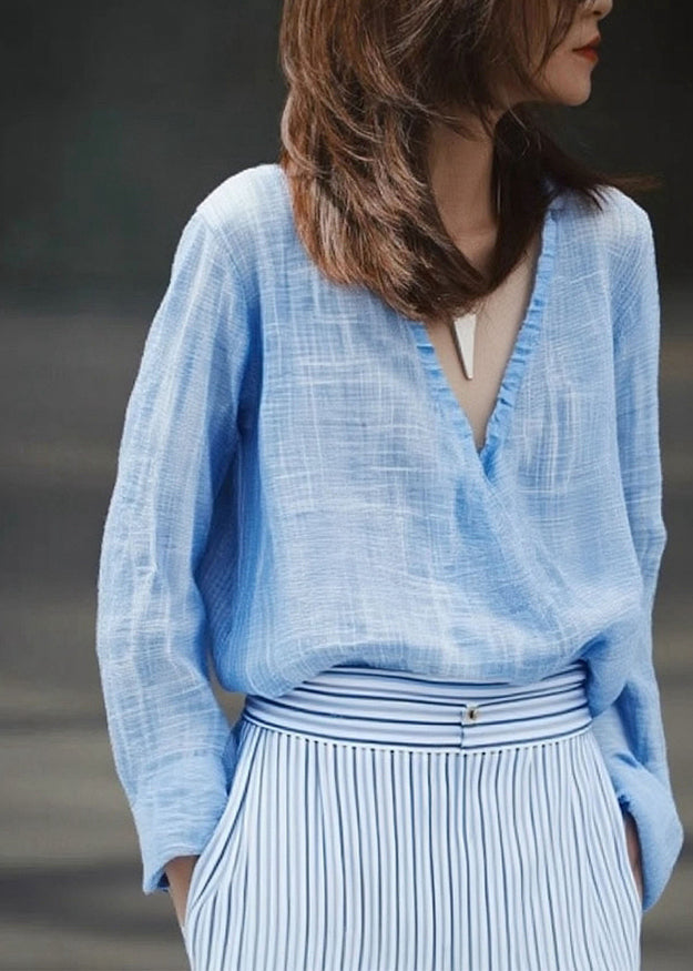 Casual Blue V Neck Solid Shirt Fall