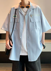 Casual Blue Zippered Pockets Cotton Mens Shirt Half Sleeve