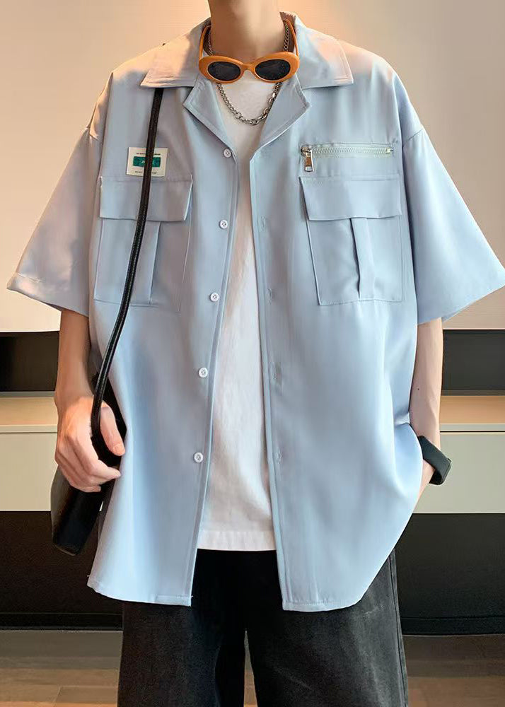 Casual Blue Zippered Pockets Cotton Mens Shirt Half Sleeve
