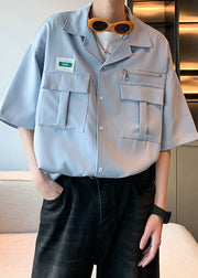 Casual Blue Zippered Pockets Cotton Mens Shirt Half Sleeve