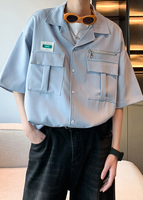 Casual Blue Zippered Pockets Cotton Mens Shirt Half Sleeve