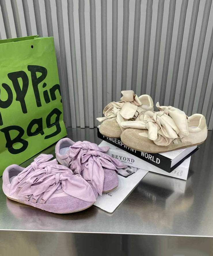 Casual Bow Splicing Flat Shoes For Women Apricot Suede